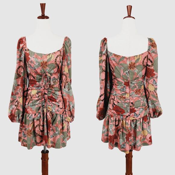 Finders Keepers Tropical Print Long Sleeve Ruched Mini Dress Size Small - Picture 8 of 8